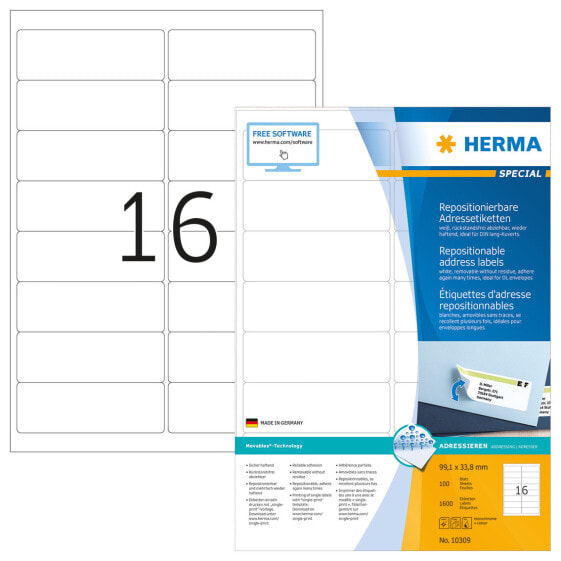 HERMA Repositionable address labels A4 99.1x33.8 mm white Movables paper matt 1600 pcs. - White - Rounded rectangle - Removable - Paper - Matte - Laser/Inkjet