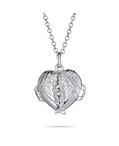 Dome Small Dome Protection Guardian Angel Wing Feathered Heart Shaped Keepsake Locket Holds Photos Pictures .925 Silver Necklace Pendant Customizable