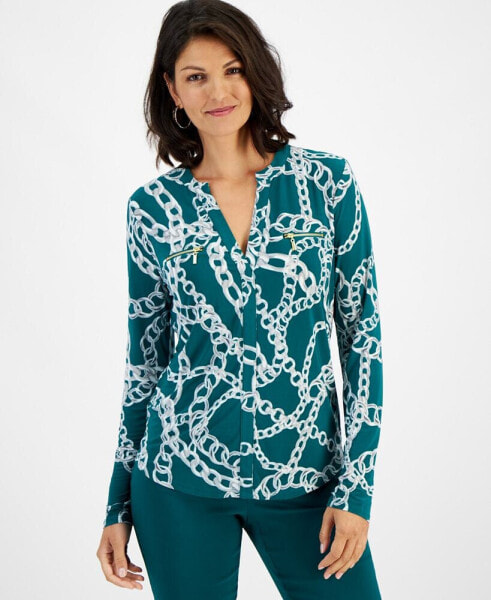 Plus Size Printed Zip-Pocket Top, Created for Macy's