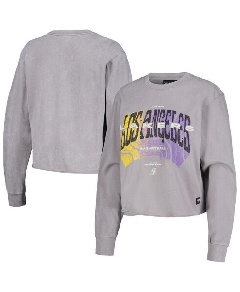 Women's Gray Distressed Los Angeles Lakers Band Cropped Long Sleeve T-shirt