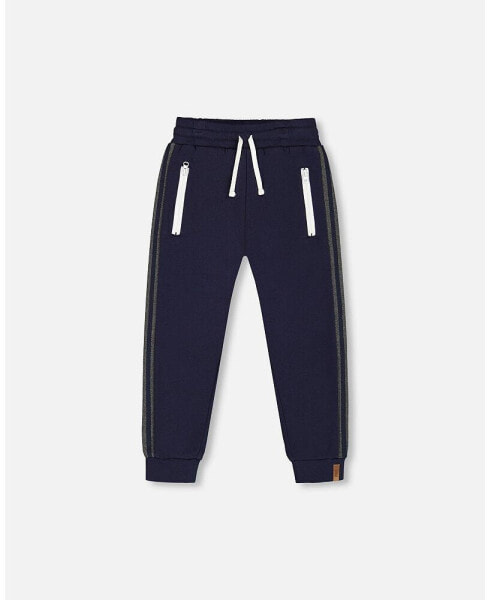 Big Boys Fleece Sweatpants With Contrast Side Rib Navy