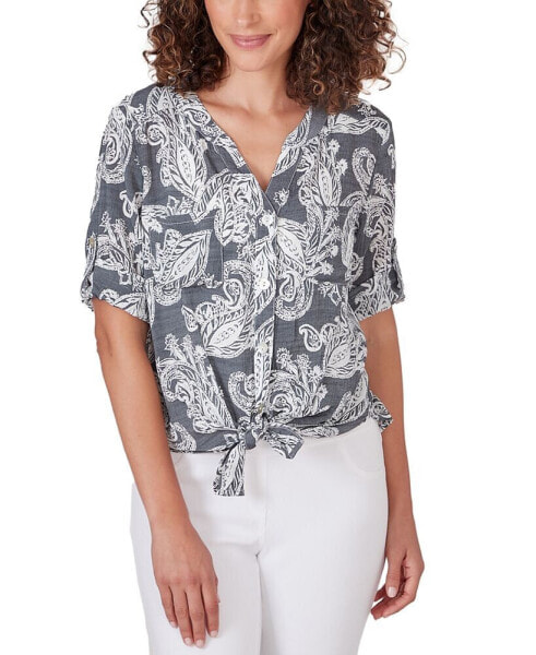 Petite Paisley-Print Button-Down Tie-Hem Silky Top