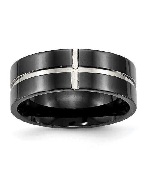 Titanium Polished Black IP-plated Grooved Comfort Fit Band Ring