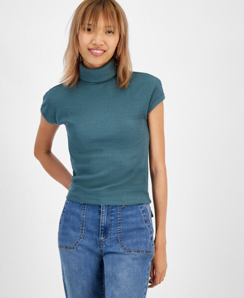 Women's Ribbed Cap-Sleeve Turtleneck Top