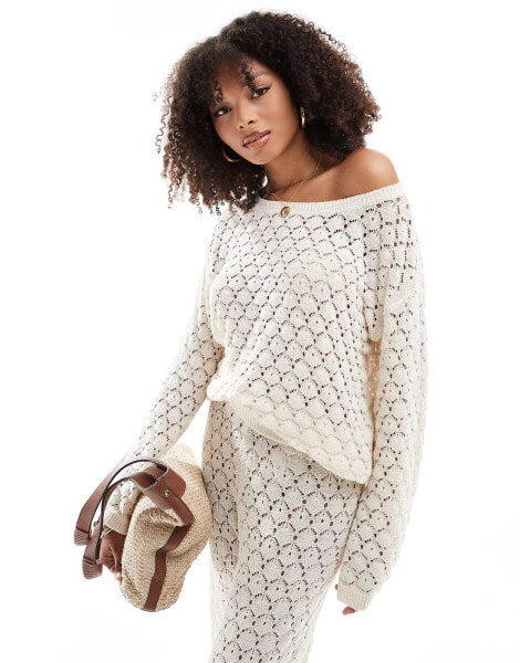 Vila crochet boatneck jumper co-ord in cream