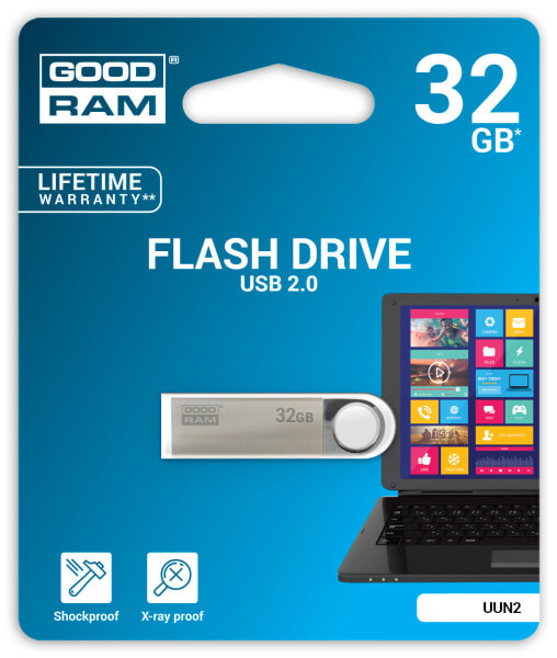 GoodRam UUN2, 32 GB, USB Type-A, 2.0, 20 MB/s, Swivel, Silver