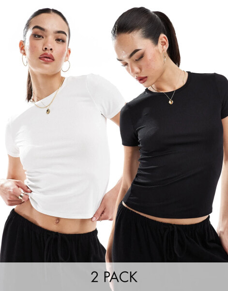 Vero Moda slinky fine rib 2 pack t-shirts in black and white