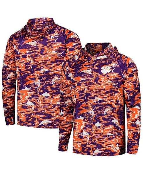 Men's Purple Clemson Tigers PFG Terminal Tackle Omni-Shade Rippled Long Sleeve Hooded T-shirt