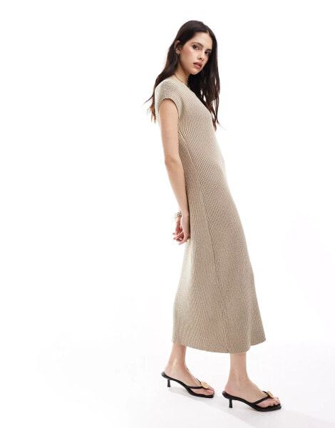 Pretty Lavish cap sleeve knit midi dress in stone