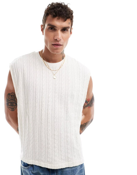 ASOS DESIGN relaxed boxy heavyweight cable knit tank in white