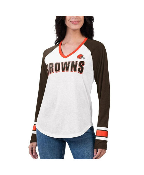 Women's White, Brown Cleveland Browns Top Team Raglan V-Neck Long Sleeve T-shirt