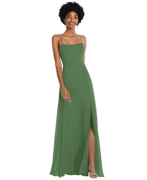 Women's Scoop Neck Convertible Tie-Strap Maxi Dress with Front Slit