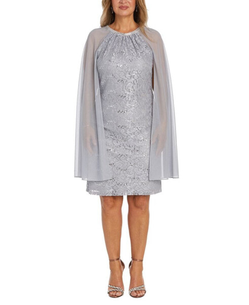 Women's Sequinned Lace Dress With Chiffon Cape