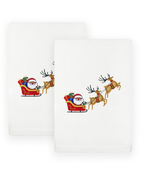 Christmas Santa's Sled Embroidered Luxury 100% Turkish Cotton Hand Towels, 2 Piece Set
