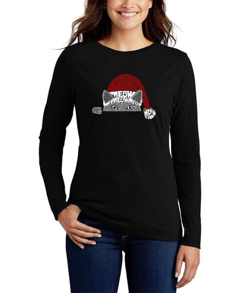 Women's Christmas Peeking Cat Word Art Long Sleeve T-shirt