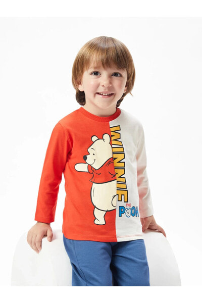 Bisiklet Yaka Uzun Kollu Winnie the Pooh Baskılı Erkek Bebek Sweatshirt ve Pantolon 2'li Takım