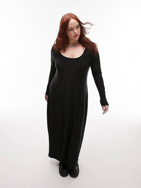 Повседневное платье Topshop Curve - Миди-платье с длинным рукавом, формирующее фигуру, черное, из легкого материала.