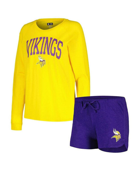 Пижама Concepts Sport женская фиолетовая с золотом, Набор пижамы с длинным рукавом Raglan и шортами для отдыха Minnesota Vikings