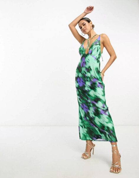 ASOS DESIGN halter cross strap maxi dress in blurred print