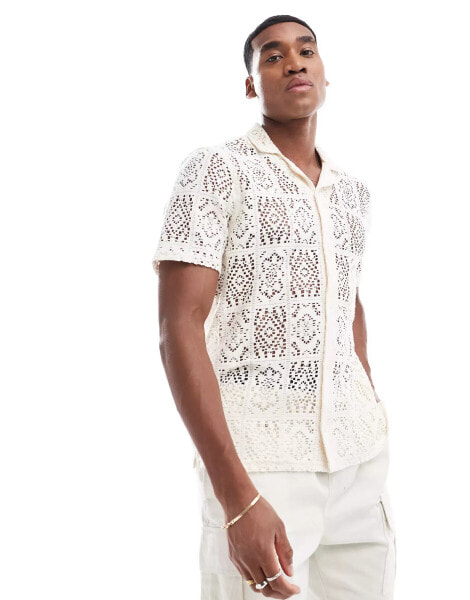 Hollister short sleeve revere collar lace shirt in white