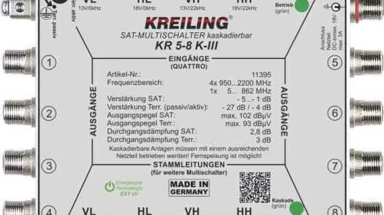 Kreiling KR 5-8 K-III - 5 inputs - 8 outputs - 950 - 2200 MHz - 5 - 862 MHz - 500 mA - -20 - 55 °C