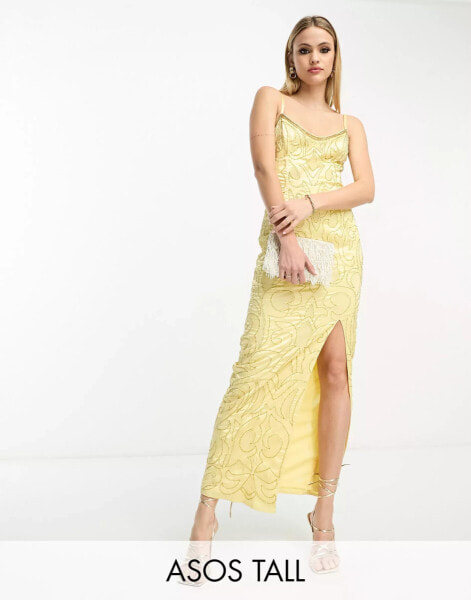 ASOS DESIGN Tall cami sequin embellished seamed midi dress in lemon