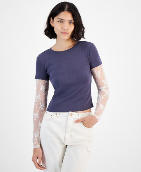 Juniors' Layered Lace-Sleeve T-Shirt