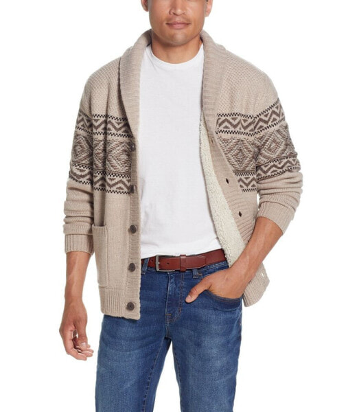 Men's Jacquard Sherpa Lined Button Down Sweater Jacket