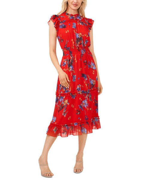 Women's Sleeveless Smocked-Waist Floral Midi Dress