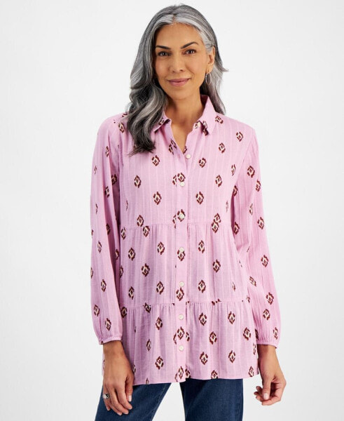 Petite Ikat Icon Tiered Button-Front Tunic, Created for Macy's