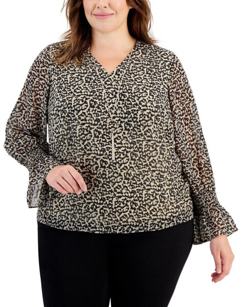 Plus Size Printed Smocked-Sleeve Necklace Top, Created for Macy's