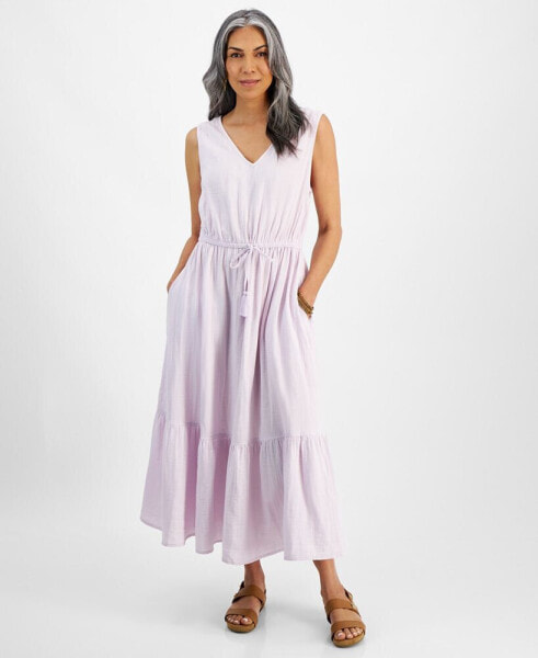 Women's Cotton Gauze V-Neck Midi Dress, Created for Macy's