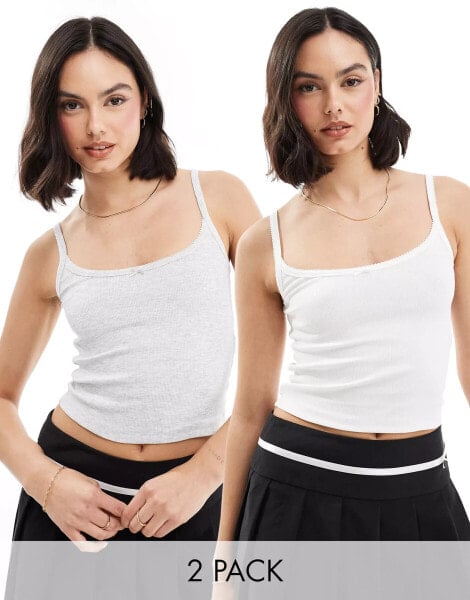 Miss Selfridge 2 pack lace trim rib cami top in white and grey marl