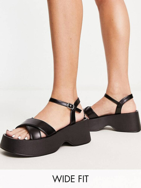 Glamorous Wide Fit cross strap platform sandals in black