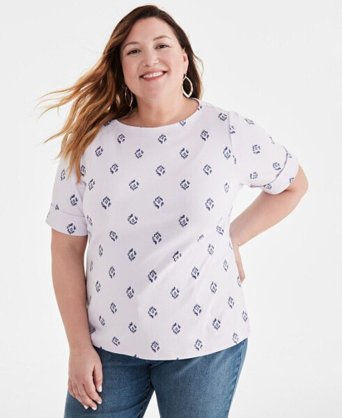 Plus Size Printed Cuffed-Sleeve Boat Neck Top, Created for Macy's