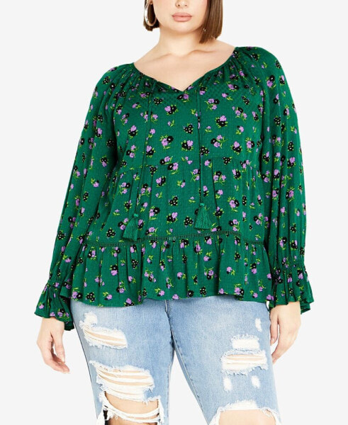 Plus Size Floral Fields Shirred Cuff Tunic Top