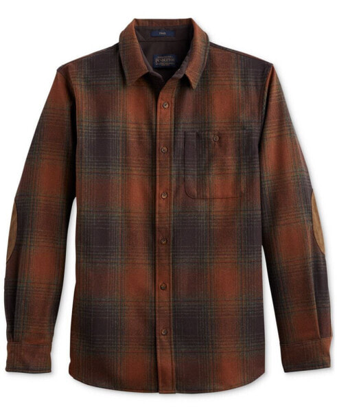 Men's Trail Plaid Button-Down Wool Shirt with Faux-Suede Elbow Patches
