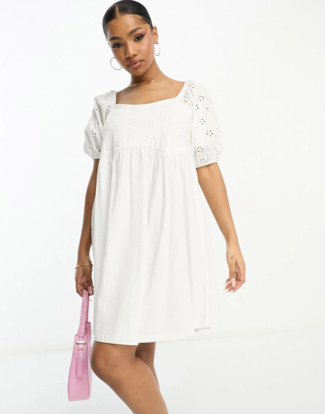 ASOS DESIGN broderie mini smock dress with curve seam in white