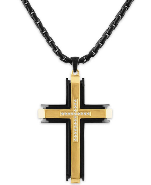 Men's Diamond (1/10 ct. t.w.) Cross Pendant 22" Chain in Stainless Steel with Black and Gold Tone Ion Plating