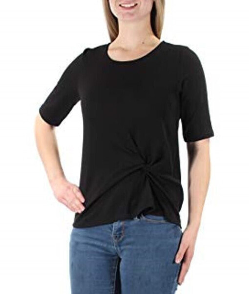BAR III Women's Black Gathered Front Scoop Neck Short Sleeve Top Size M