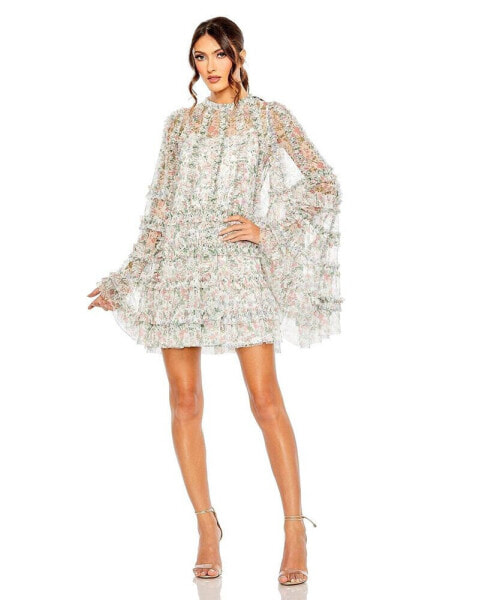 Women's Floral Print Long Flare Sleeve Mesh A-Line Dress