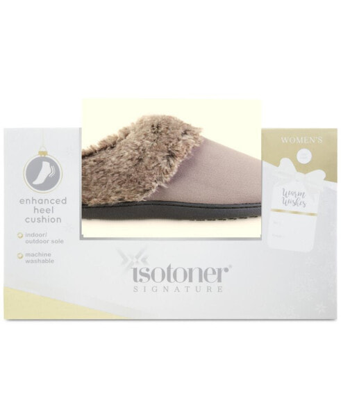Women's Fleece-Trim Velour Hoodback Boxed Slippers