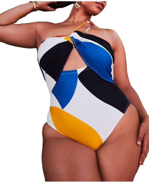 Plus Size One Shoulder Cutout Detail Swimsuit