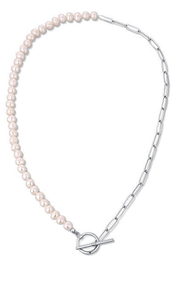 Trendy steel necklace with real river pearls JL0788