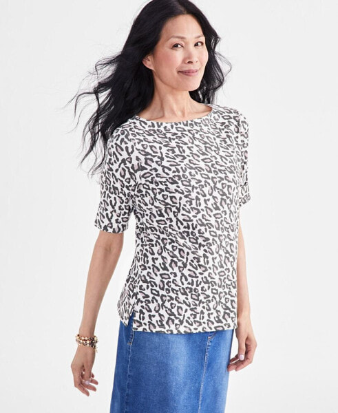 Women's Printed Boat-Neck Elbow-Sleeve Top, Created for Macy's