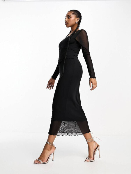 Vero Moda square neck long sleeve mesh midi dress in black 