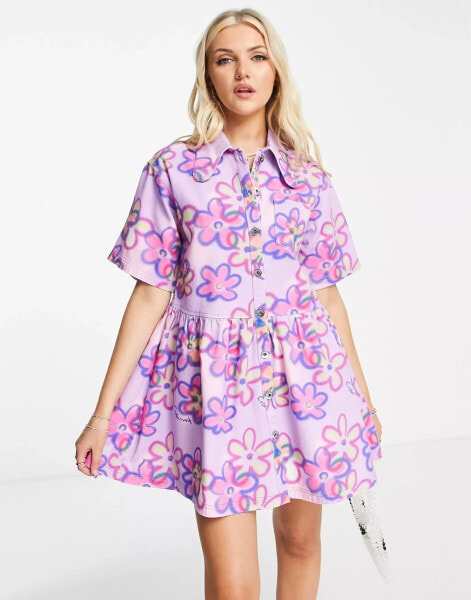 COLLUSION floral twill button down summer smock dress in purple