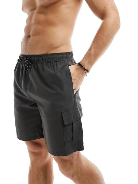 New Look cargo swim short in dark grey