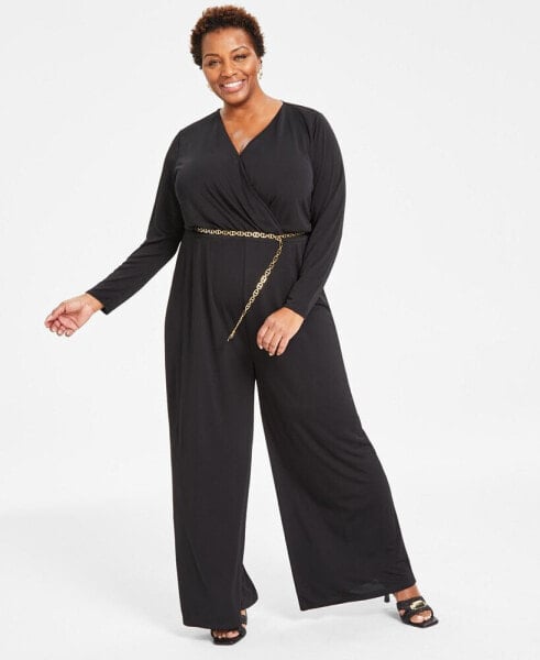 Plus Size Chain Belt Long Sleeve Wide Leg Jumpsuit, Created for Macy's