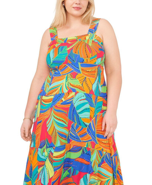 Plus Size Printed Square-Neck Smocked-Back Maxi Dress